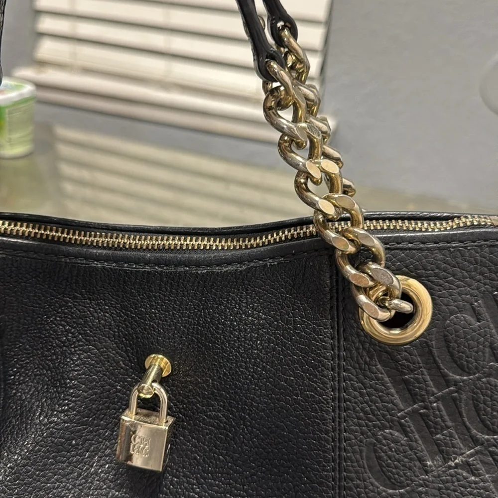 Carolina Herrera Black Monogram Embossed Leather Dahlia Hobo